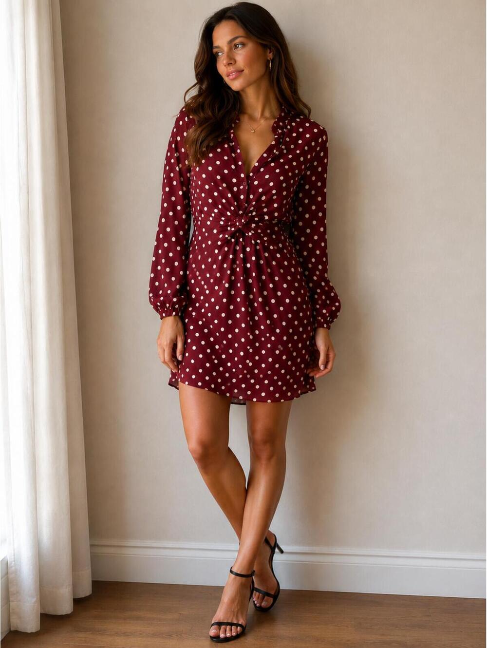 Zara Burgundy Polka Dot Long Sleeve‎ Mini Dress